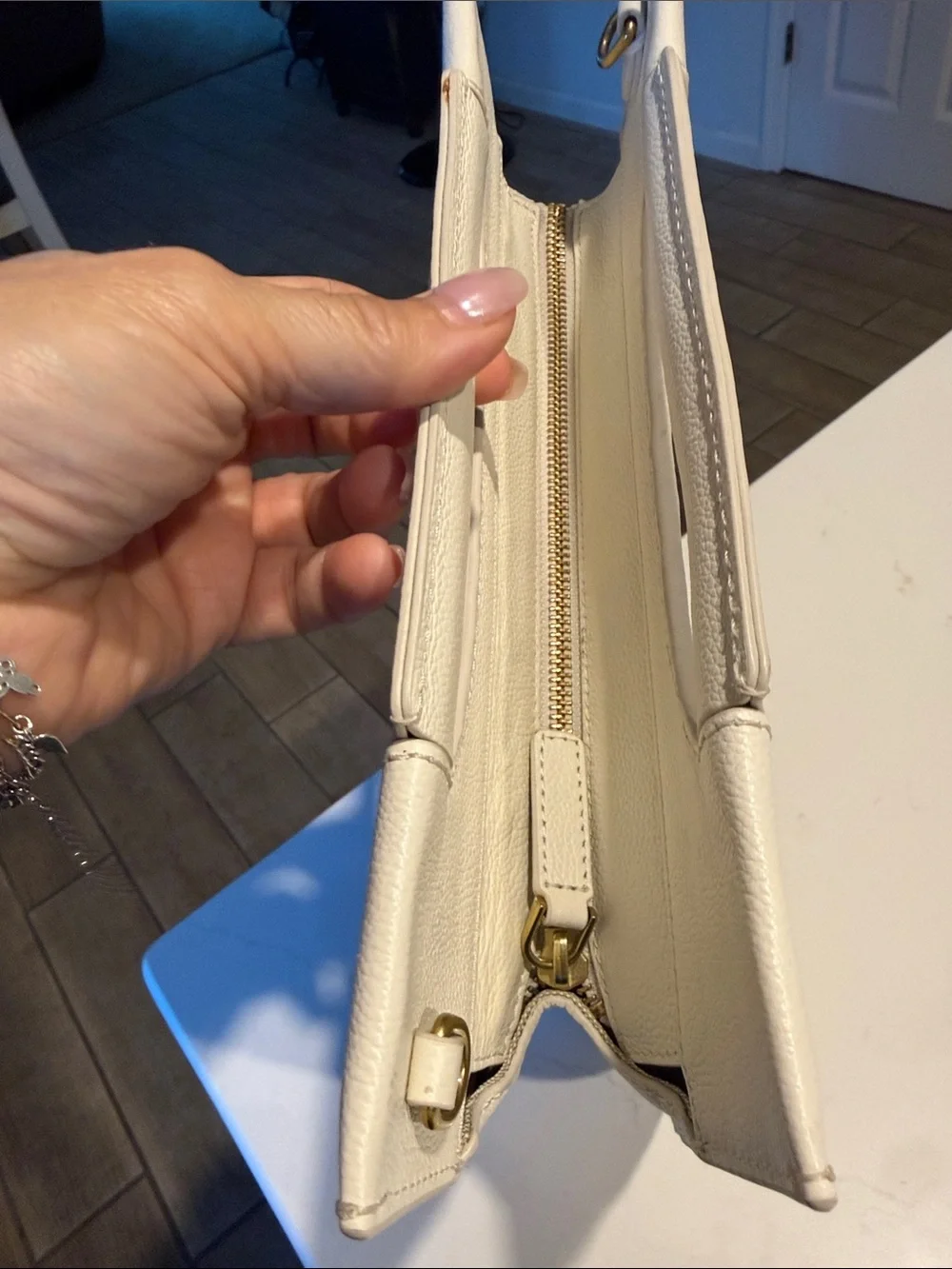 Fossil White Multi-Stripe Crossbody Bag with Pink and Blue Accents